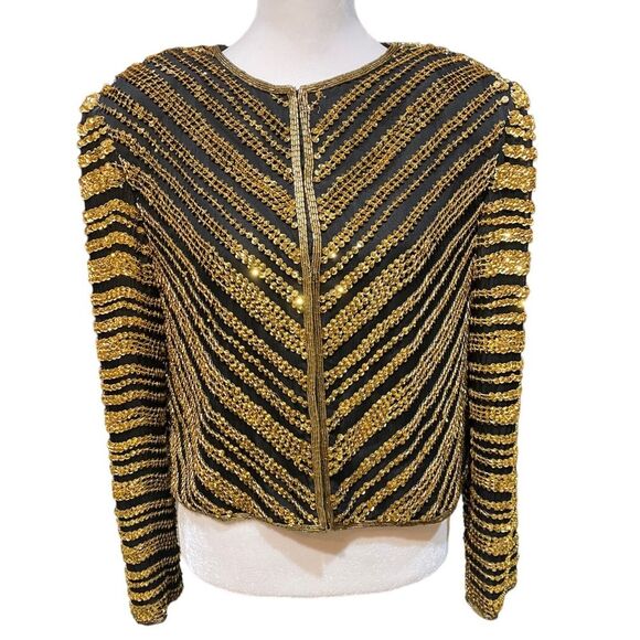 NWT Handmade Gold Sequin Jacket Size S Black silk and Gold Sequin/ beads - Picture 2 of 6